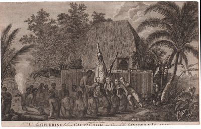 An Offering before Captain Cook in one of the Sandwich Islands (Hawaii)